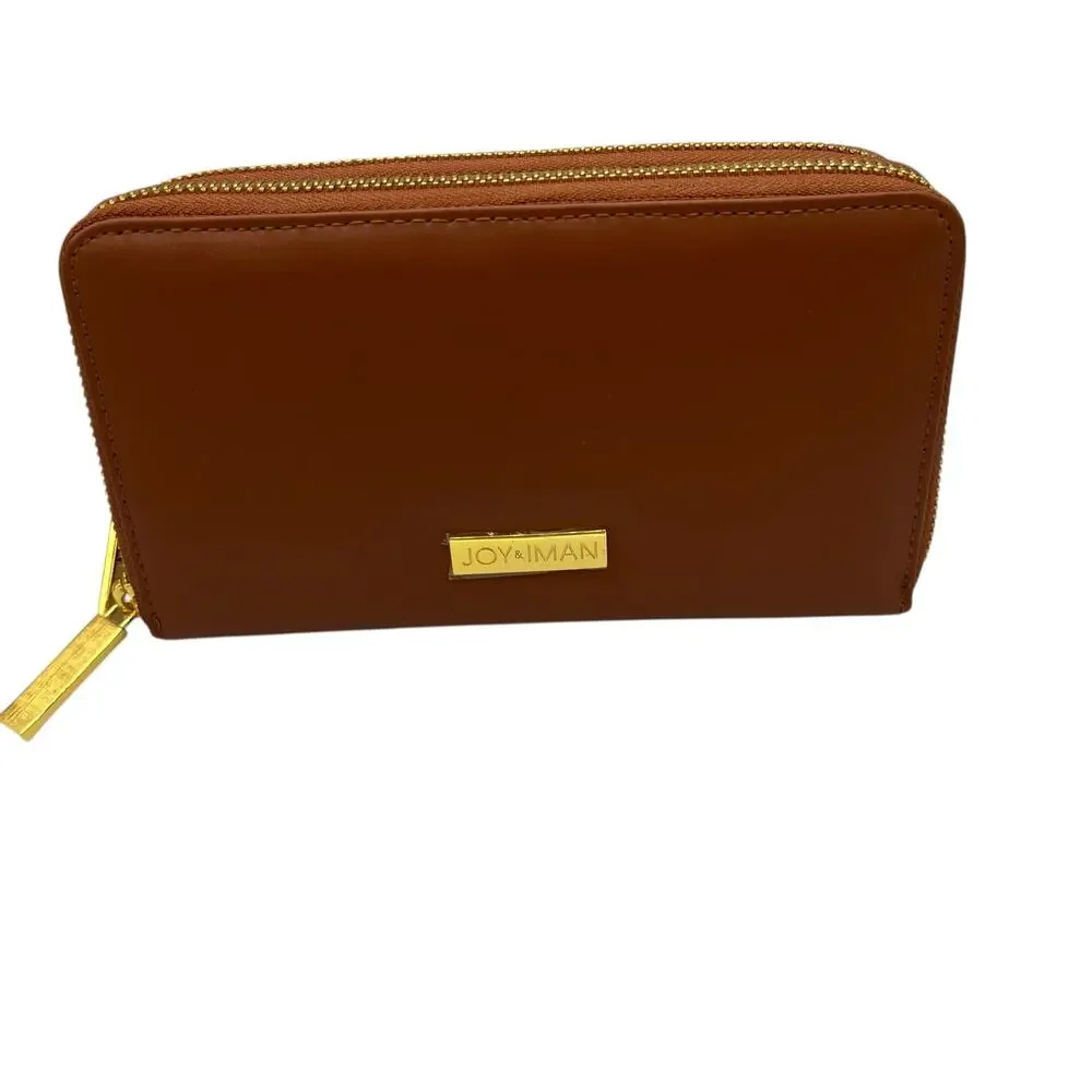 Joy & Iman New W/O Tags Brown Leather Clutch Double Zip RFID Blocking Strapless